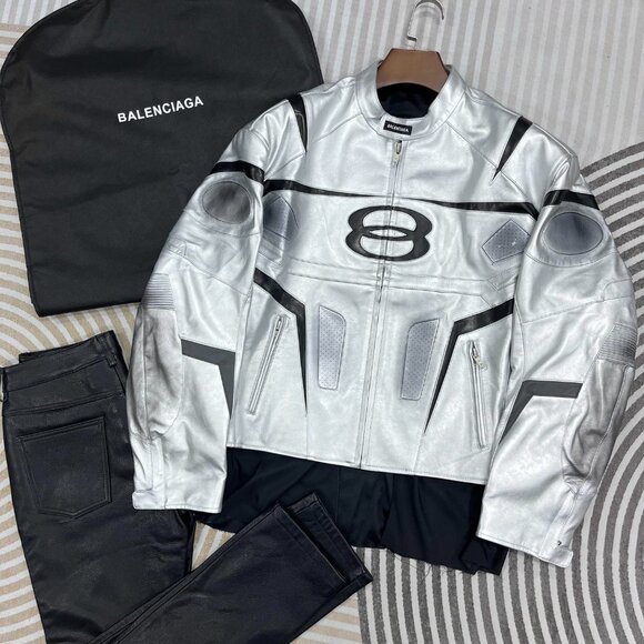 Balenciaga Oversized Leather Bikers Jacket – Silver - Picture 10 of 10